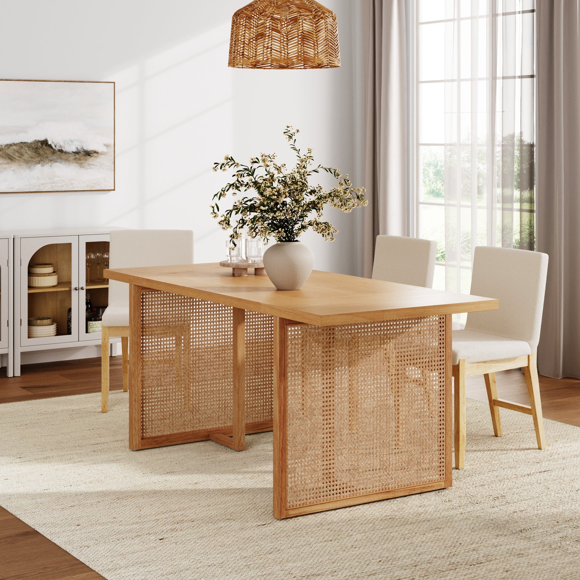 Nathan James Willow Boho Dining Table for 6 with Solid Wood Legs, 6-Person Natural Wood Dining Table, Warm Pine or Brown Dining Table with Bohemian Rattan Accent