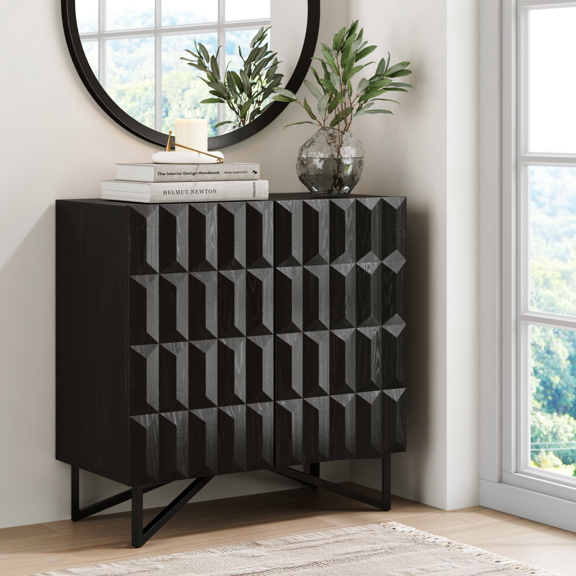 Nathan James Wolfie Wooden Contemporary Entryway Cabinet, Living Room Storage Cabinet or Dining Room Buffet with Sculpted Doors and Metal Legs, Black Oak