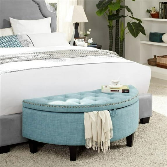 Nathan Linen Modern Contemporary Button Tufted Gold Nailhead Trim Half Moon Storage Ottoman, Light Blue