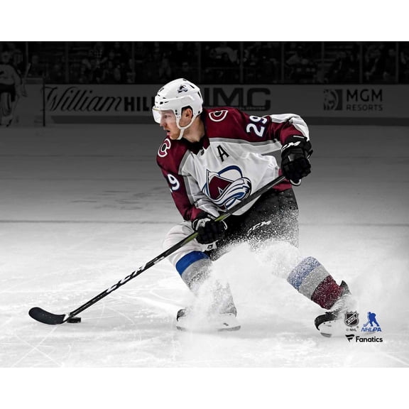 Nathan MacKinnon Colorado Avalanche Unsigned White Jersey Stopping Spotlight Photograph