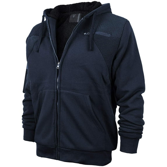 Nathan Men's Quilted Sherpa Fleece Zip Up Hoodie Jacket HR1222 (Navy, M)