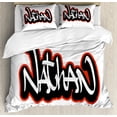 thumbnail image 1 of Nathan Queen Size Duvet Cover Set, Artistic Boys Name Graffito Wall Writing Design for Men Doodle Style, Decorative 3 Piece Bedding Set with 2 Pillow Shams, Vermilion Black and White, by Ambesonne, 1 of 3