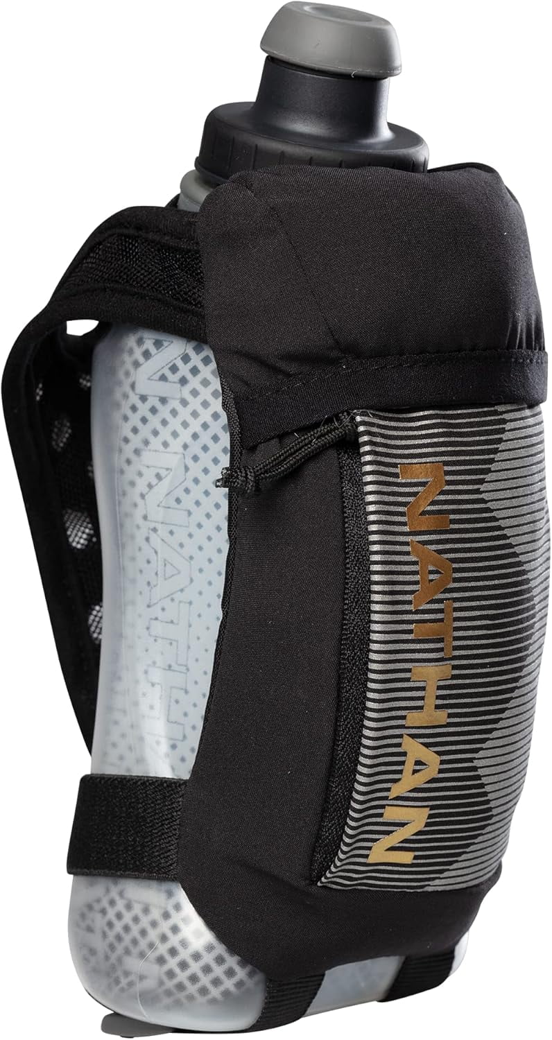 Nathan Running Handheld Quick Squeeze Water Bottle. No-Grip Adjustable Hand Strap. 12oz