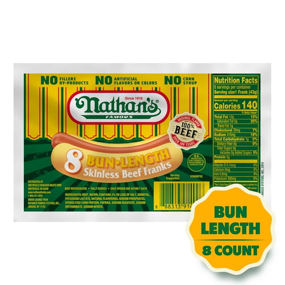 Nathan's Famous Bun Length Skinless Beef Franks, 12 oz