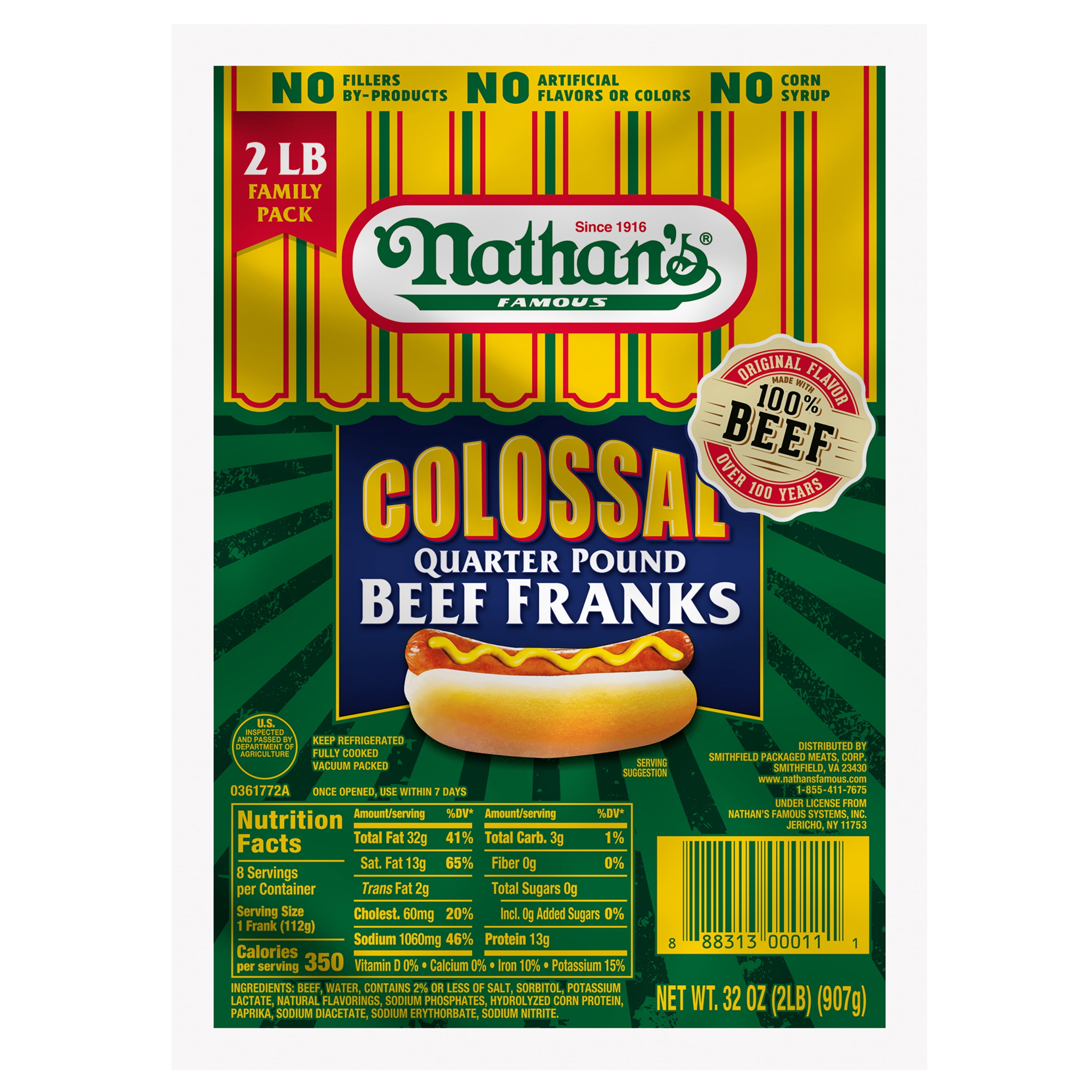 Nathan's Famous Colossal Quarter Pound Beef Franks, 32 oz