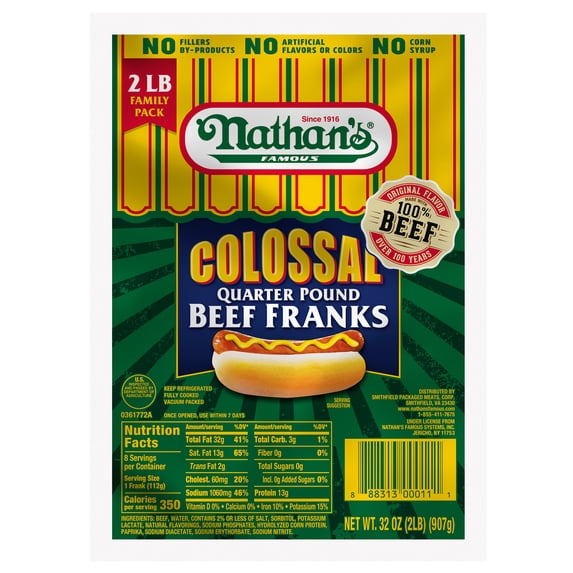 Nathan's Famous Colossal Quarter Pound Beef Franks, 32 oz