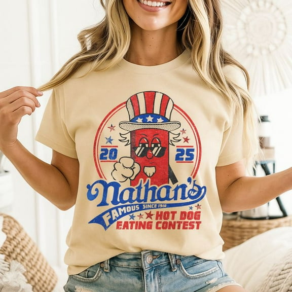 Nathan’s Famous Hot Dog Eating Contest 2025 Funny T-Shirt Men's And Women's Graphic Tee 100% Cotton by TBun, Full Sizes S-5XL