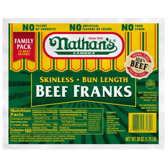 Nathan's Famous, Skinless Beef Franks, Bun Length, 28 oz