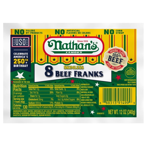 Nathan's Famous Skinless Beef Hot Dogs, 12 oz