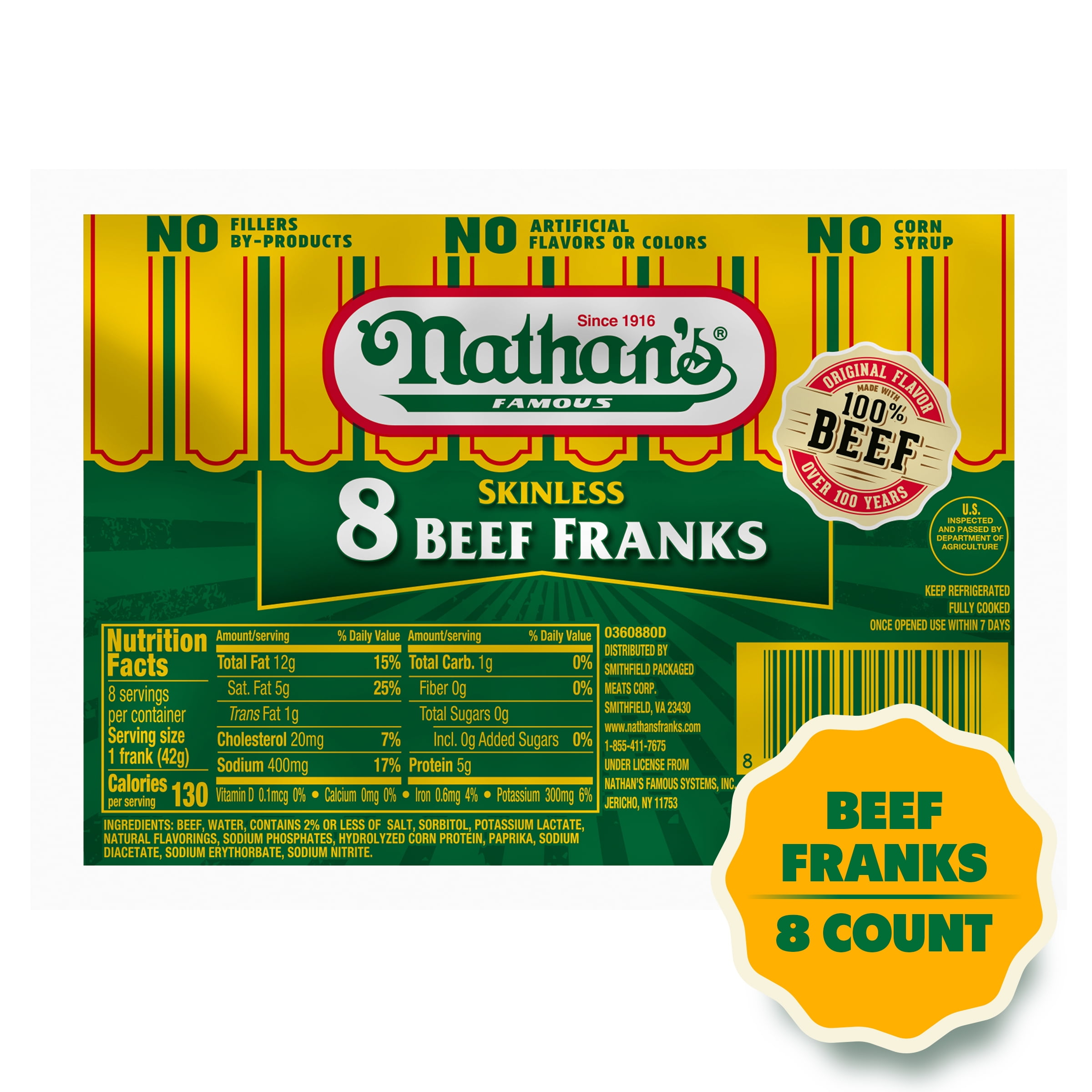 Nathan's Famous Skinless Beef Hot Dogs, 12 oz