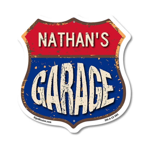 Nathan's Garage 12 inch X 12 inch Shield-Shaped Rust-Free Aluminum Metal Sign Weather Resistant, UV Protected To last, Gift for Dads and Uncles Classic Americana Crafted in the USA