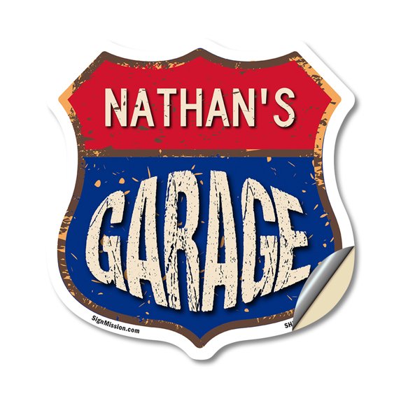 Nathan's Garage 18 inch X 18 inch Shield Shaped Heavy Duty 3.2 mil Vinyl Decal Weather Resistant, UV Protected To last, Gift for Dads and Uncles Classic Americana Crafted in the USA