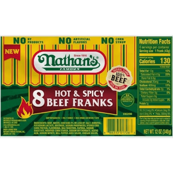 Nathans Beef Frank Hot, 8 Links, 12 oz