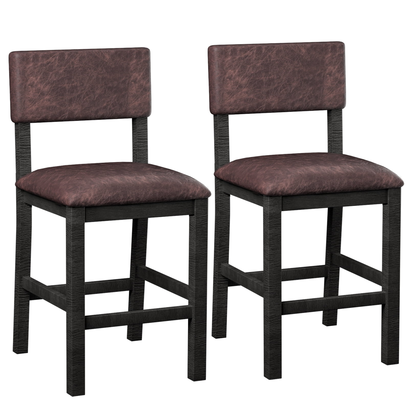 Nathaniel Home, 24" Bar Stools Leather Upholstered Chairs Set of 2, Counter Height Stools with Back, Dining Barstools with Footrest, Rustic Dark Brown