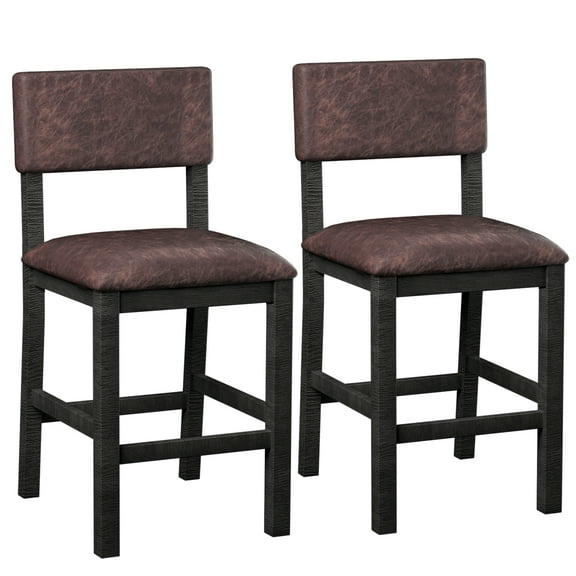 Nathaniel Home, 24" Bar Stools Leather Upholstered Chairs Set of 2, Counter Height Stools with Back, Dining Barstools with Footrest, Rustic Dark Brown
