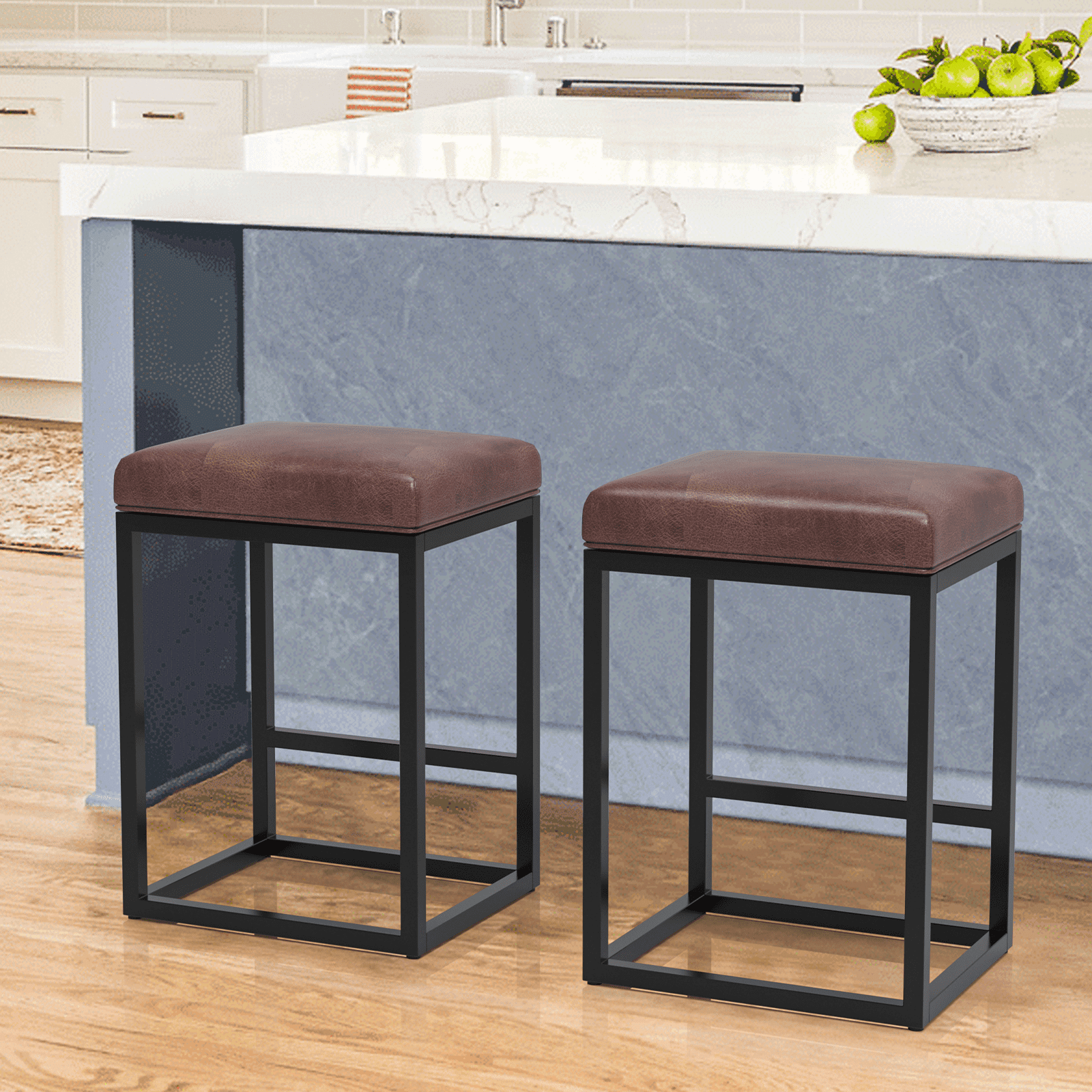 24 Inch Brown Faux Leather Metal Backless Bar Stools, Set of 2