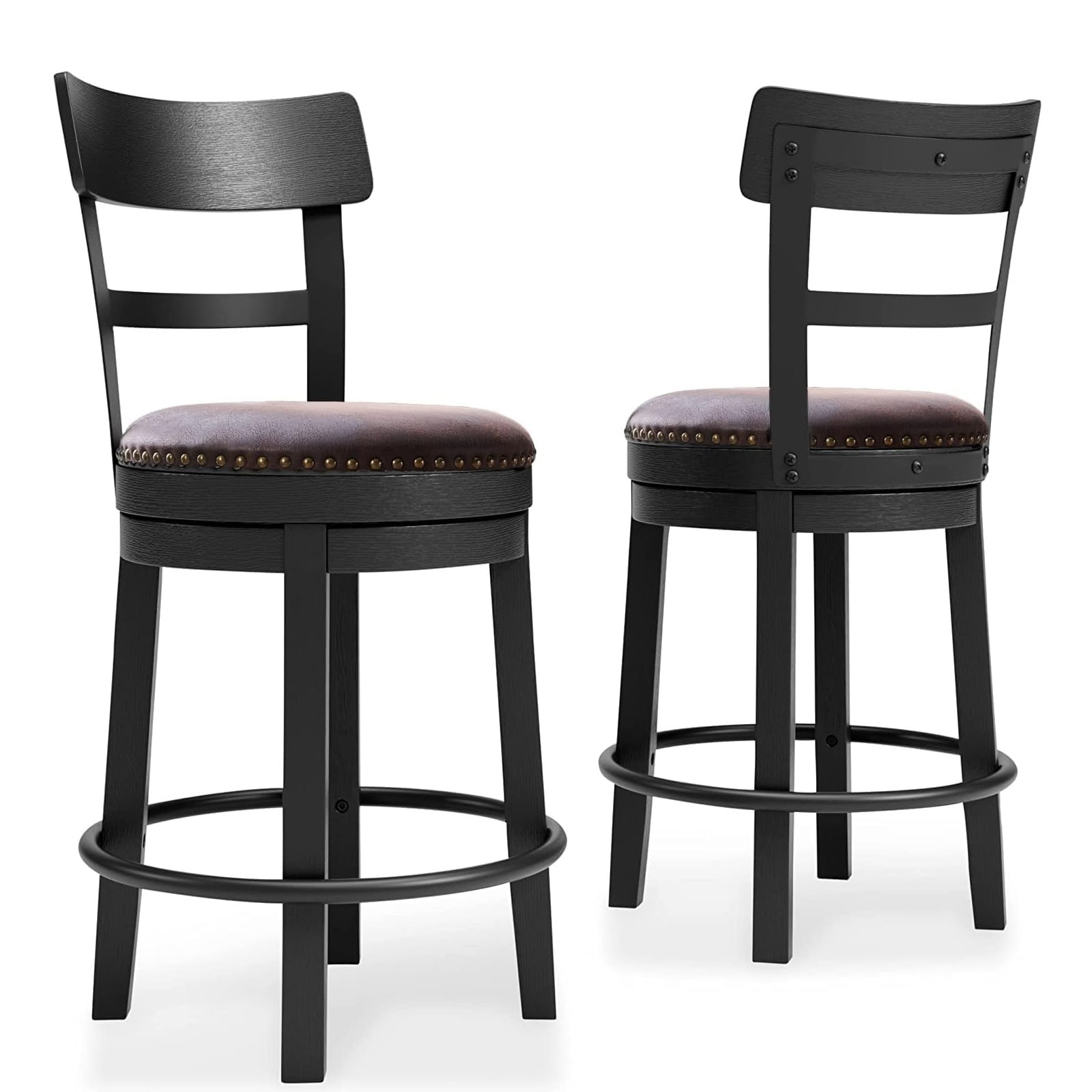 Nathaniel Home, 24" Swivel Counter Height Bar Stools, Dining Chairs with Backrest, Leather Seat Barstool Set of 2, Brown