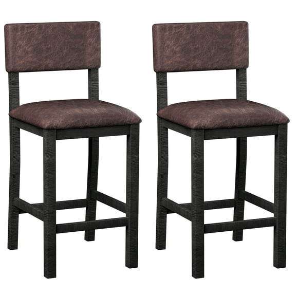 Nathaniel Home, 29" Bar Stools Leather Upholstered Chairs Set of 2, Counter Height Stools with Back, Dining Barstools with Footrest, Rustic Dark Brown