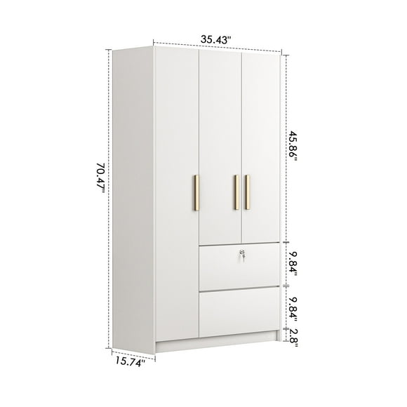 Nathaniel Home 3 Door Wardrobe with Drawers, Freestanding Bedroom Armoires, Clothes Storage Cabinet with Hanging Rod, Modern Wardrobe Closet, White