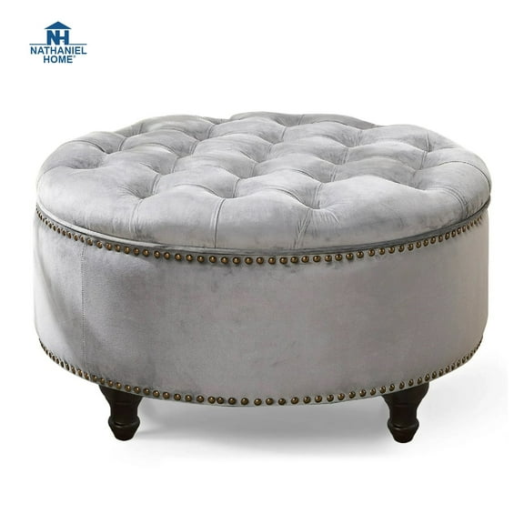 Nathaniel Home, 30" Round Storage Ottoman Footstool with Removable Lid, Button Tufted Ottoman Coffee Table with Legs, Large Ottoman with Storage for Bedroom, Gray