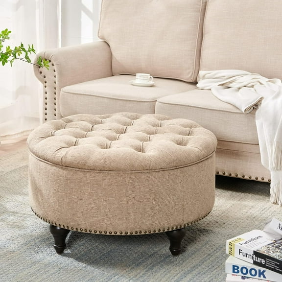 Nathaniel Home, 30" Round Storage Ottoman Footstool with Removable Lid, Button Tufted Ottoman Coffee Table with Legs, Large Ottoman with Storage for Bedroom, Light Brown