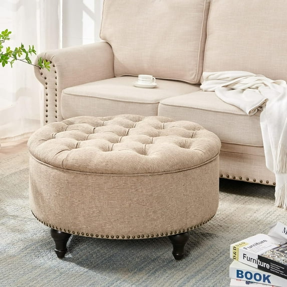 Nathaniel Home, 30" Round Storage Ottoman Footstool with Removable Lid, Button Tufted Ottoman Coffee Table with Legs, Large Ottoman with Storage for Bedroom, Light Brown