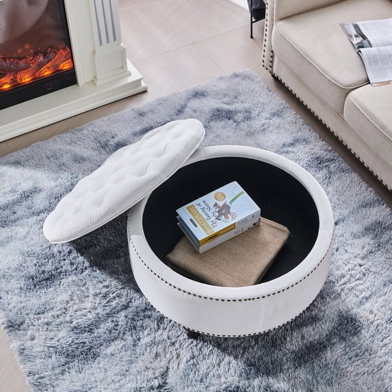 Nathaniel Home, 30" Round Storage Ottoman Footstool with Removable Lid, Button Tufted Ottoman Coffee Table with Legs, Large Ottoman with Storage for Bedroom, White