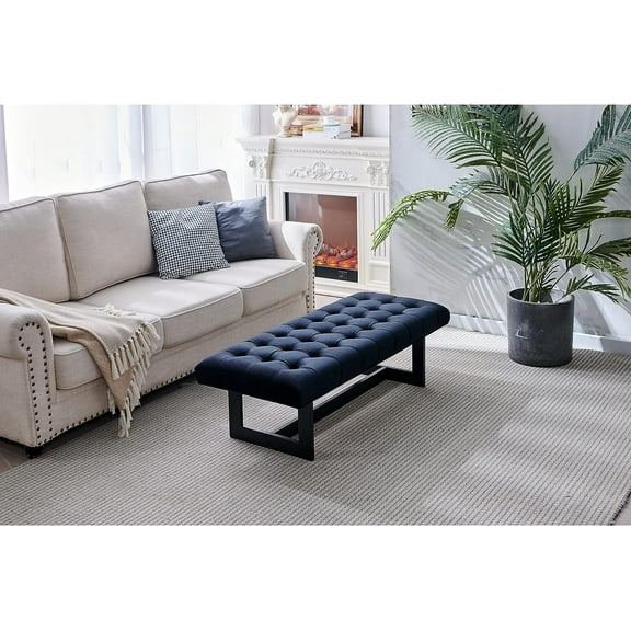 Nathaniel Home 48'' Button-Tufted Kids Ottoman, Upholstered Bedroom Benches, Vegan Leather Footrest Stool Accent Bench, for Living Room End of Bed Black