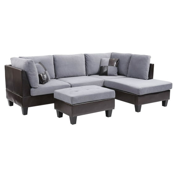 Nathaniel Home Contemporary L-Shaped Faux Leather Living Room Set, Black/Gray