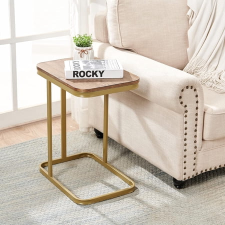 Nathaniel Home C-Shaped Sofa Side End Table, Legant Modern Sofa Side Table, Square Under Sofa Tables, with Painted Metal Frame, Gold/Oak