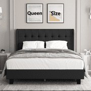Nathaniel Home, Cotton Linen Beds, Queen Beds Frame, Tufted Upholstered Bed with Wingback, Low Profile Platform Beds, Strong Wooden Slats, Black Adult