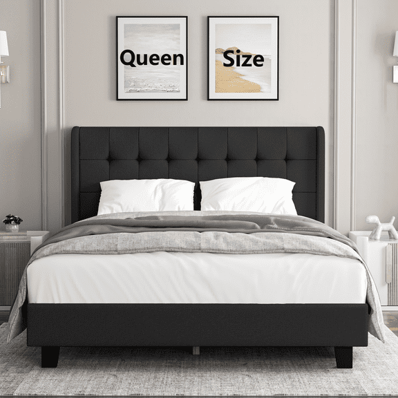 Nathaniel Home, Cotton Linen Beds, Queen Beds Frame, Tufted Upholstered Bed with Wingback, Low Profile Platform Beds, Strong Wooden Slats, Black Adult