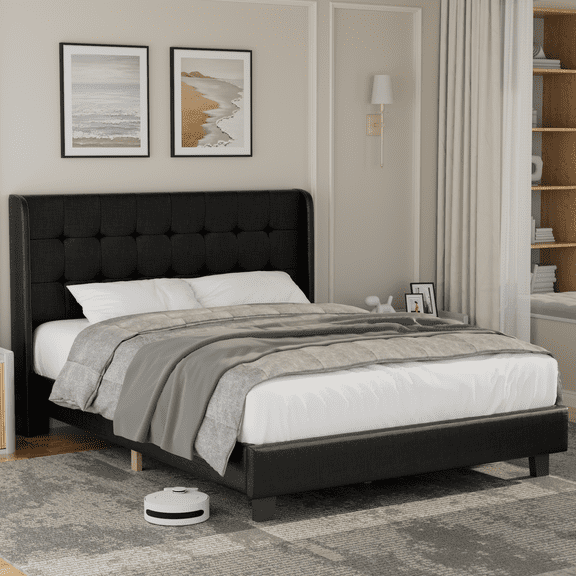 Nathaniel Home Cotton Linen Tufted Upholstered Bed, King Platform Bed Frame, Low Profile Platform Beds Strong Wooden Slats, Adult Black