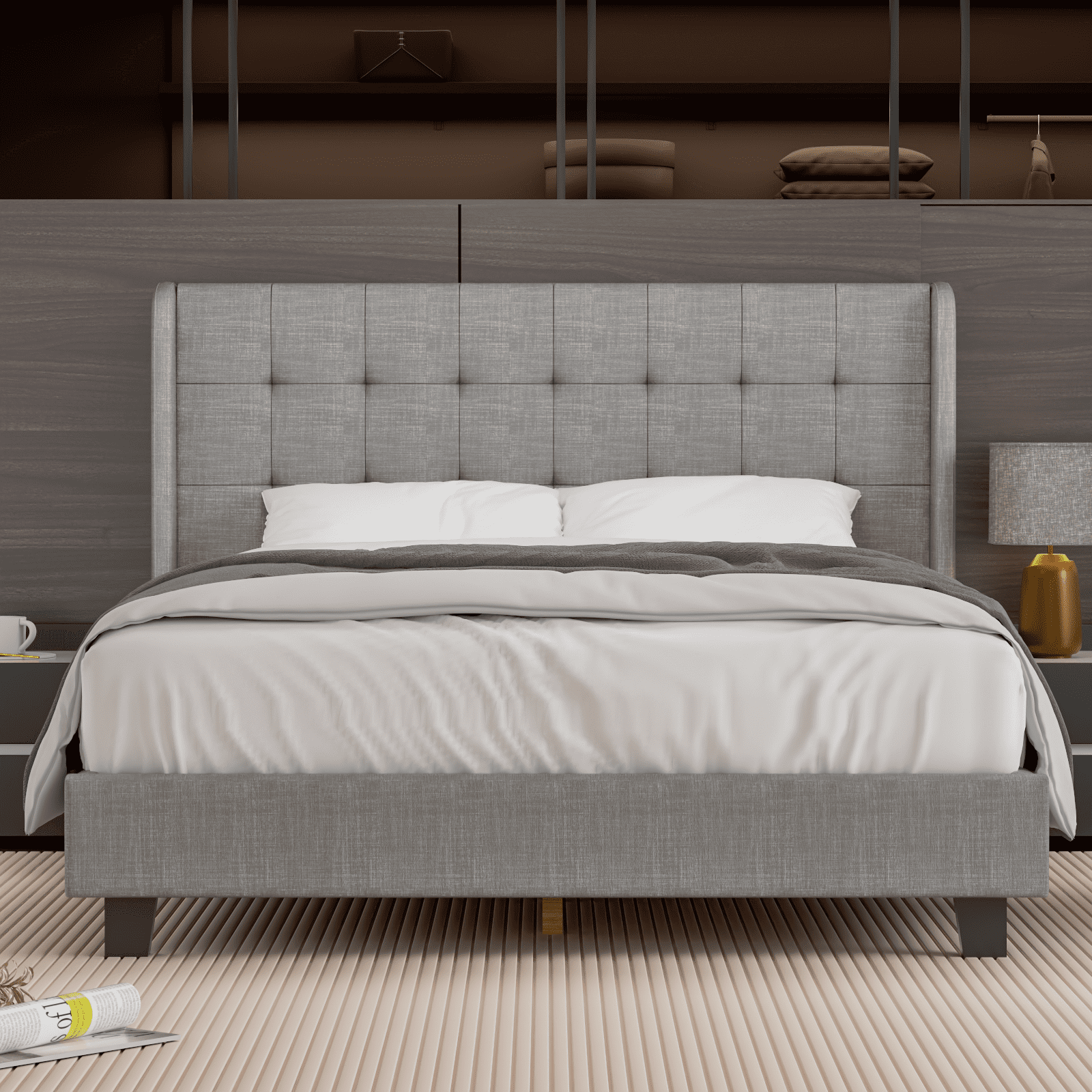 Nathaniel Home Cotton Linen Tufted Upholstered Bed, King Platform Bed Frame, Low Profile Platform Beds Strong Wooden Slats, Adult Gray