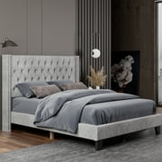 Nathaniel Home, Fabric Linen King Bed Frame, with Tufted Upholstered Headboard, Nailhead Button Platform Bed Frame for Bedroom, Gray