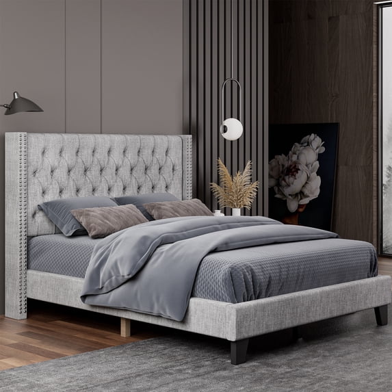 Nathaniel Home, Fabric Linen King Bed Frame, with Tufted Upholstered Headboard, Nailhead Button Platform Bed Frame for Bedroom, Gray