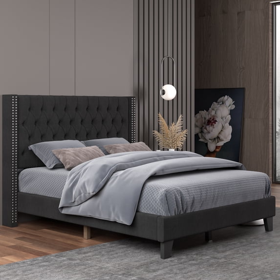 Nathaniel Home, Fabric Linen Queen Bed Frame, with Tufted Upholstered Headboard, Nailhead Button Platform Bed Frame for Bedroom, Black