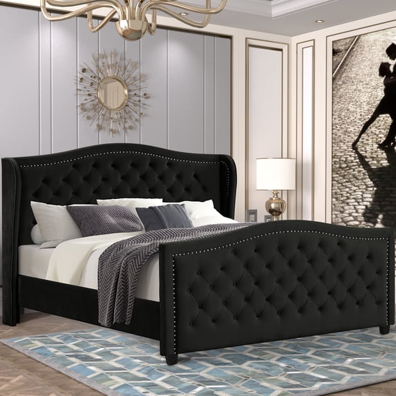 Nathaniel Home Jennifer Velvet Upholstered Tufted Bed, Platform Bed Frame with Diamond, Low Profile Platform Beds Strong Wooden Slats Queen Balck