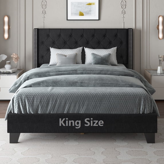 Nathaniel Home, King Bed Frames Upgrade, Linen Upholstered Platform Bed, Diamond Beds Frame for Bedroom, with Fabric Button Tufted Headboard, Black
