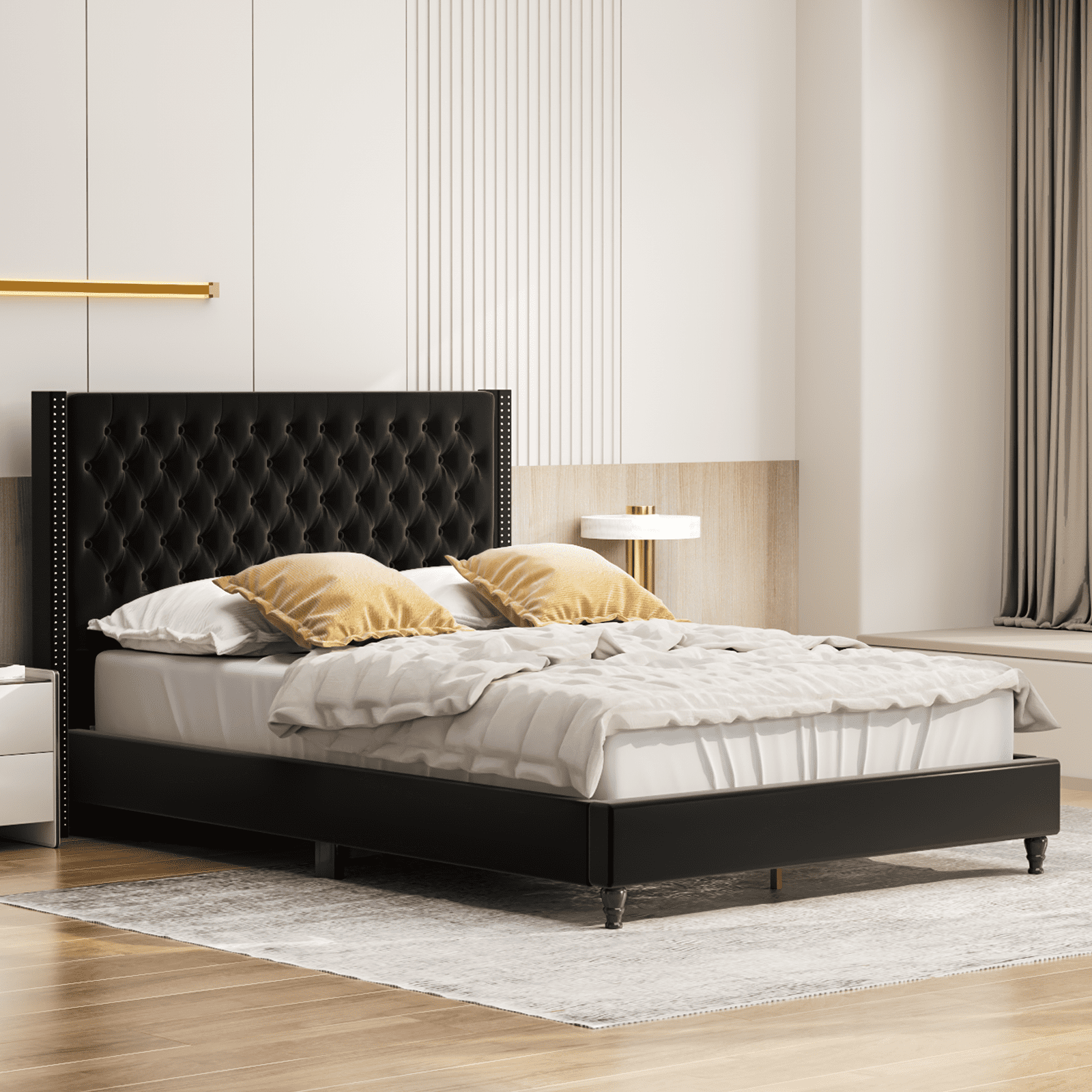 Nathaniel Home King Beds, Upholstered Tufted Bed, Platform Bed Frame with Diamond, Low Profile Platform Beds, Strong Wooden Slats, Adult Size Black