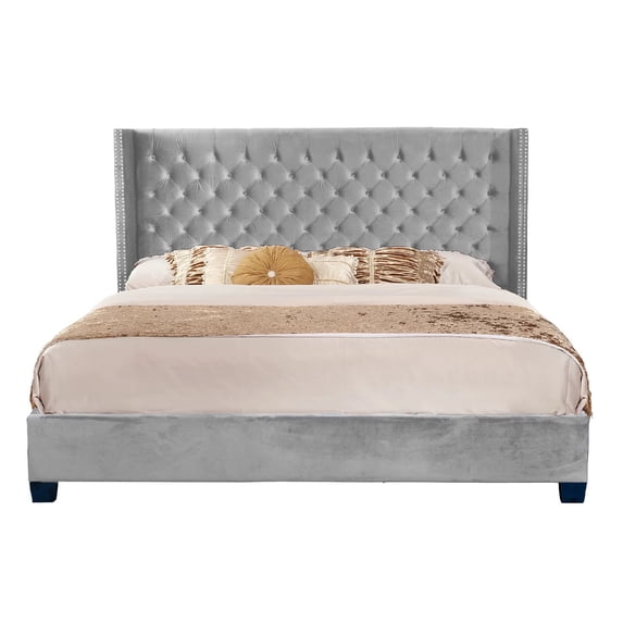 Nathaniel Home, King Upholstered Platform Bed Frame, Low Profile Deep Button Tufting Bed Frames, with Diamond Nailhead Trim Wingback Headboard, Gray
