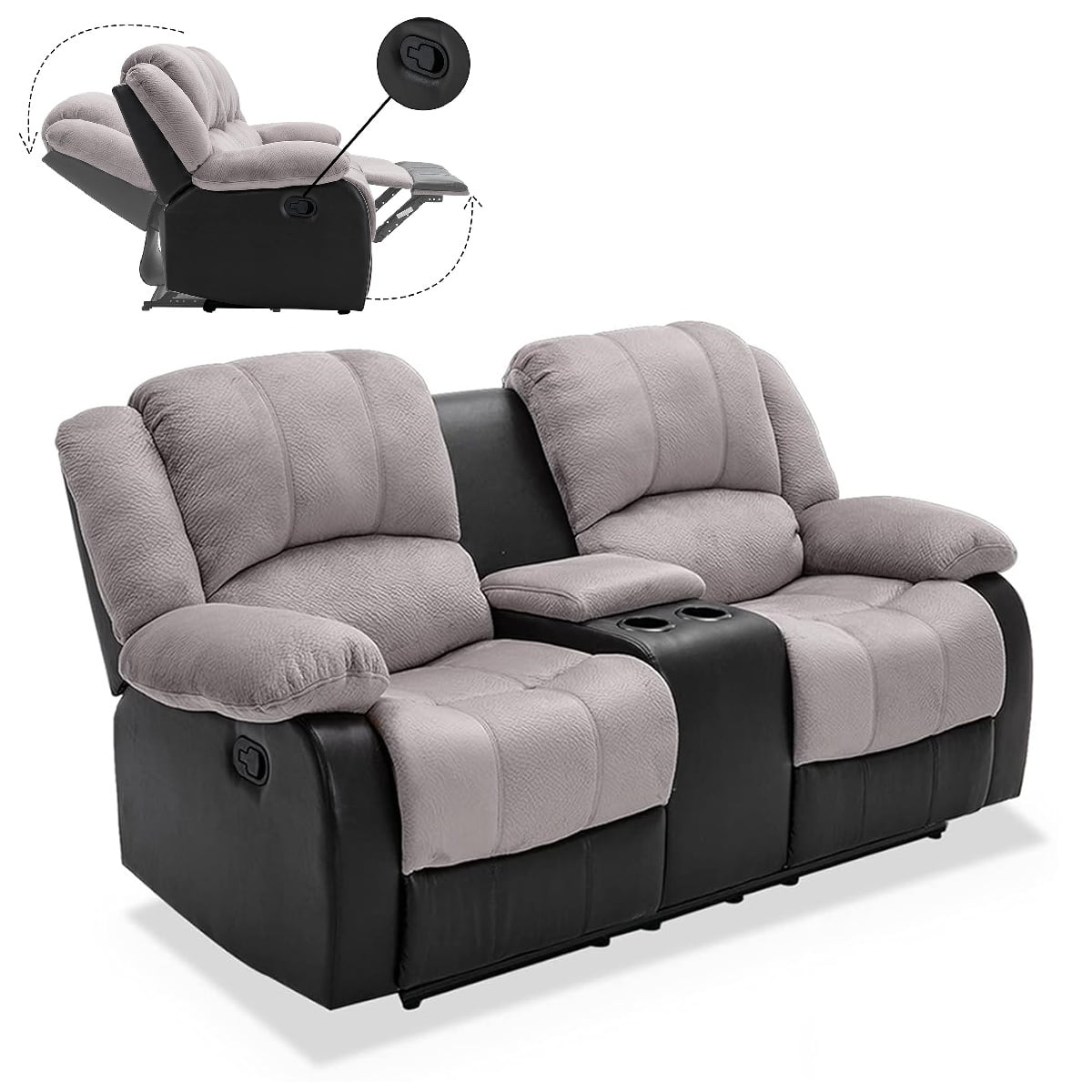 Nathaniel Home Manual Reclining Sofa, PU Leather Upholstered Double Recliner Loveseat, 2-Seater Home Theater Seating with Console, Arm Sofa Recline Chair for Living Room, Gray
