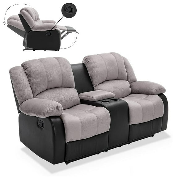 Nathaniel Home Manual Reclining Sofa, PU Leather Upholstered Double Recliner Loveseat, 2-Seater Home Theater Seating with Console, Arm Sofa Recline Chair for Living Room, Gray