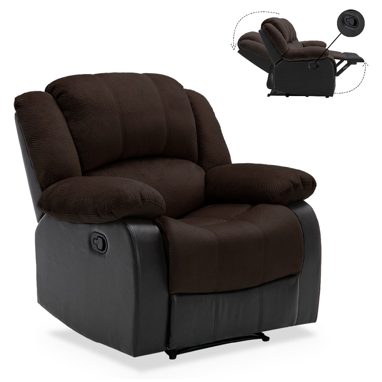 Nathaniel Home Manual Single Recliner Chair, PU Leather Upholstered Couch Sofa, Tufted Reclining Sofa, Plush Scoop Theater Seating, Lounge Chair for Living Room, Brown