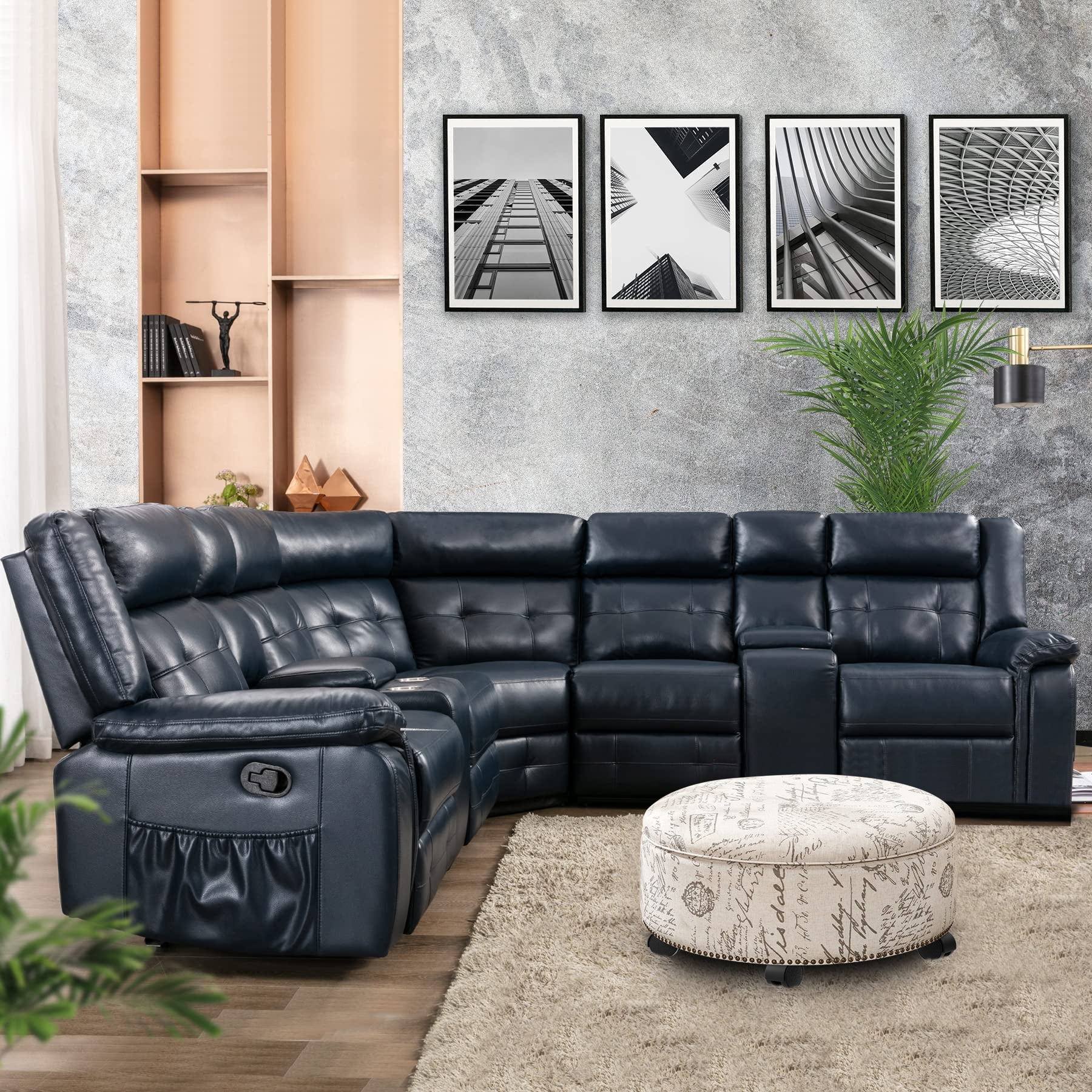 Nathaniel Home Modern Bonded Leather Reclining Sectional Sofa Living Room Set Deep Blue