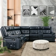Nathaniel Home Modern Bonded Leather Reclining Sectional Sofa Living Room Set Deep Blue