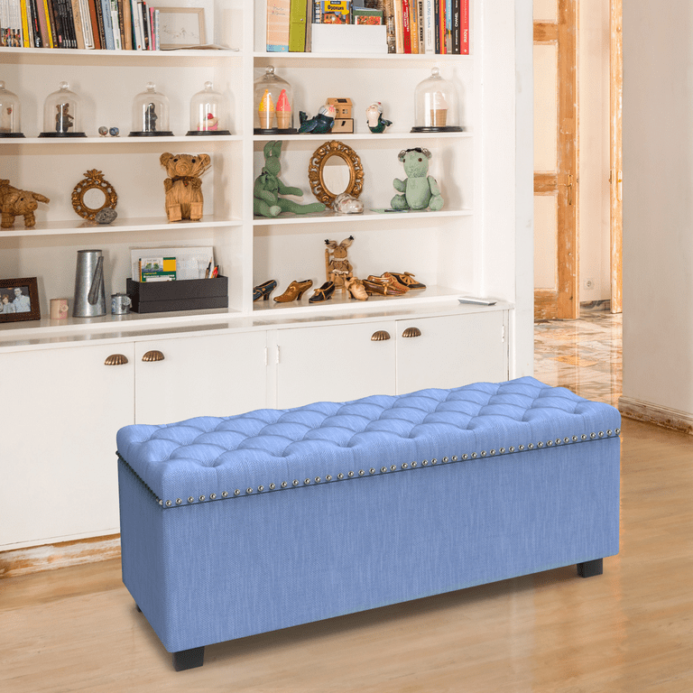 Nathaniel Home Button Tufted Storage Ottoman with Nailhead Blue