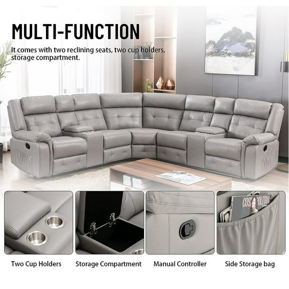Nathaniel Home, PU Leather Reclining Sectional Sofa Set with 2 Consoles, Fashion Living Room Recliner Chair with Storage Box, L-Shaped Corner Couch with Cup Holders, Foggy Gray