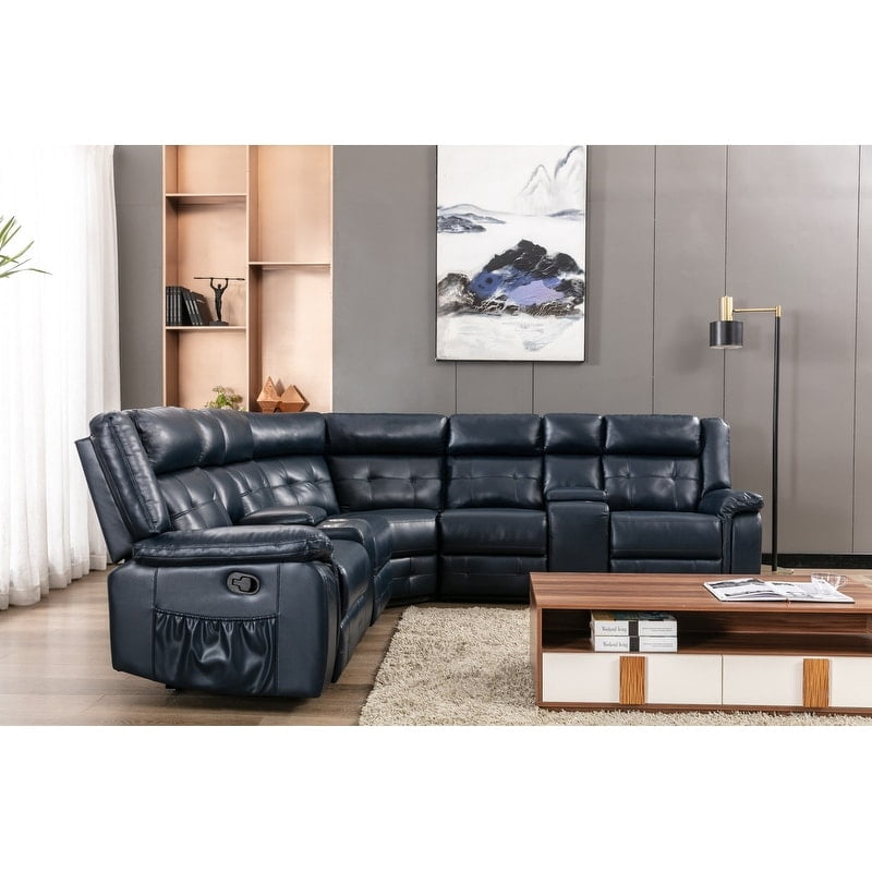 Sida PU Leather Reclining Sectional Sofa Set with 2 Storage Box Consoles Comfortable Living Room Chair Blue Size 40.5 109.85 35.6