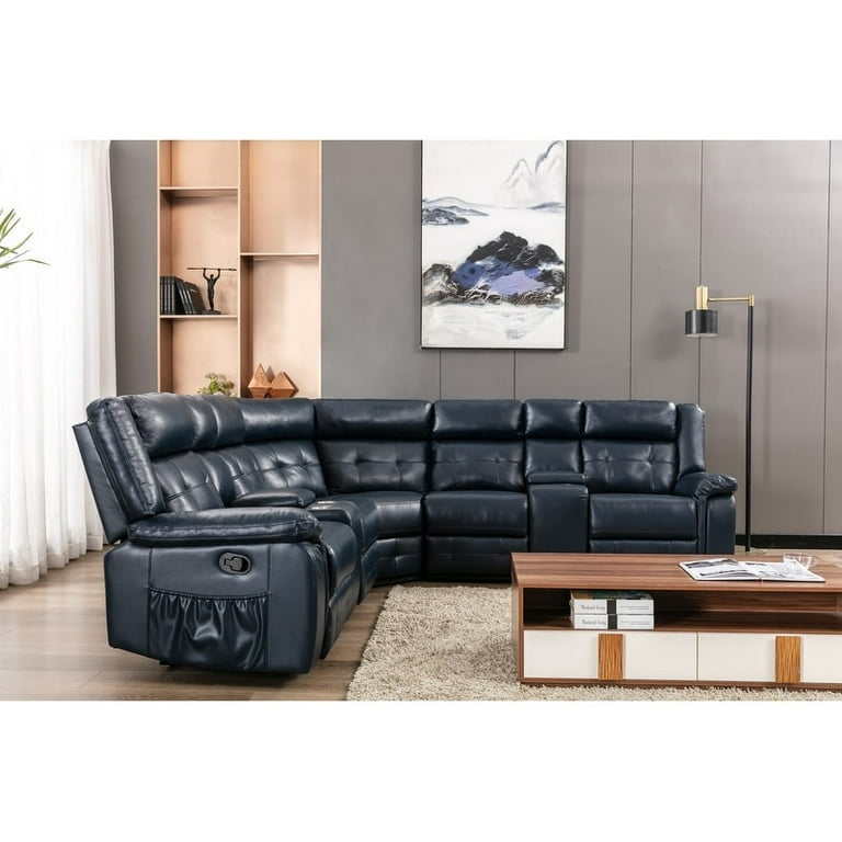 SIDA PU Leather Reclining Sectional Sofa Set Grey Dark Blue 40.5 109.85 35.6 Blue
